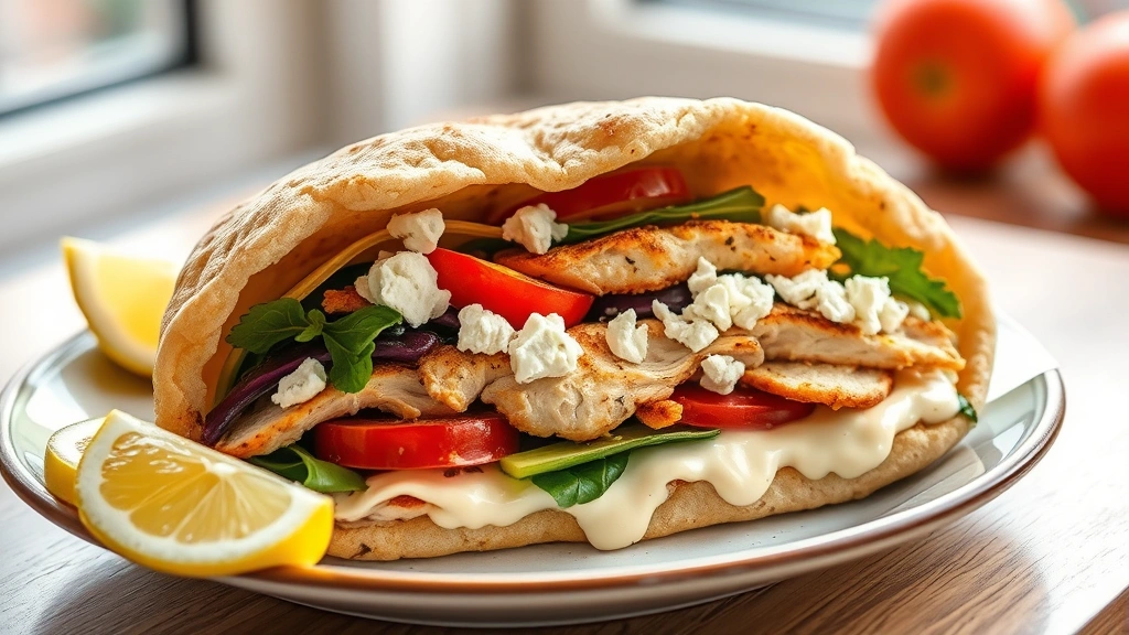 hero: warm golden chicken pita sandwich cut in half showing layers of juicy chicken, fresh vegetables, crumbled feta cheese, and creamy sauce, served on a Mediterranean-style plate with lemon wedges, photorealistic, natural daylight from window, no text
