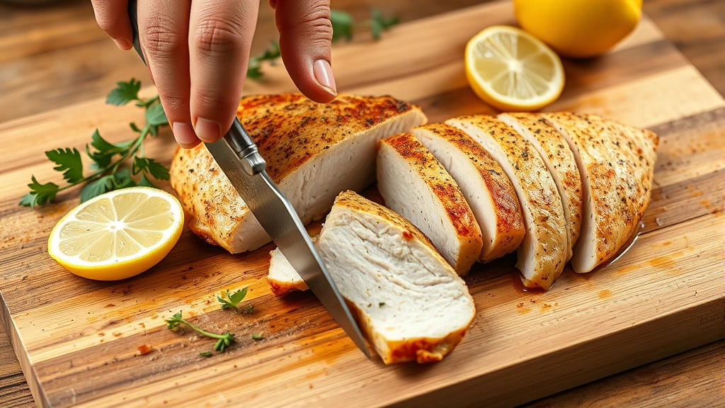 process: slicing cooked golden-brown chicken breast on a wooden cutting board with fresh herbs and lemon visible, photorealistic, natural kitchen lighting, no text