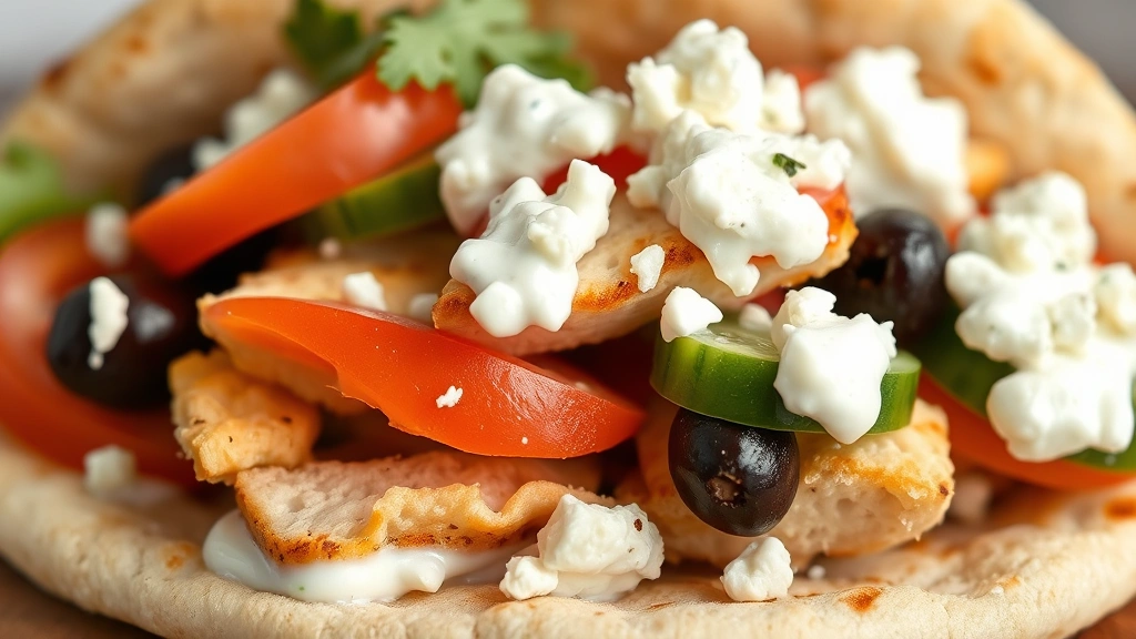 detail: close-up cross-section of assembled chicken pita showing tender chicken strips, fresh tomatoes, cucumbers, Kalamata olives, and crumbled white feta cheese with tzatziki sauce, photorealistic, shallow depth of field, natural light, no text