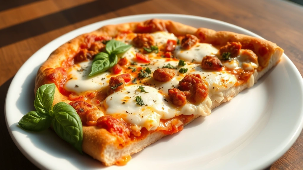 hero: golden crispy chicken pizza crust with melted mozzarella cheese and toppings, fresh basil garnish, on white ceramic plate, photorealistic, natural sunlight, no text