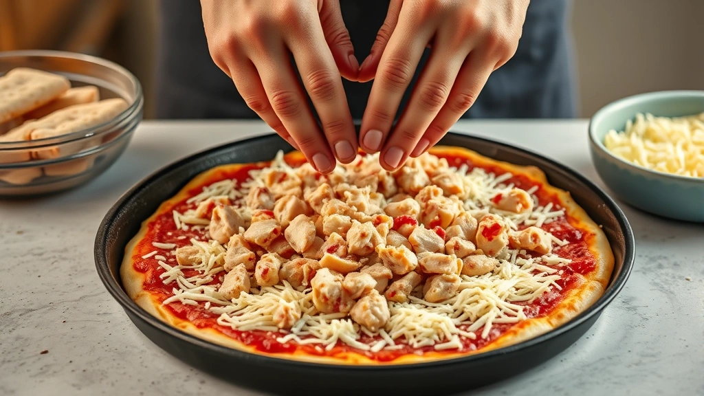 process: hands pressing raw chicken mixture into pizza pan, mozzarella and parmesan cheese visible, photorealistic, bright kitchen lighting, no text