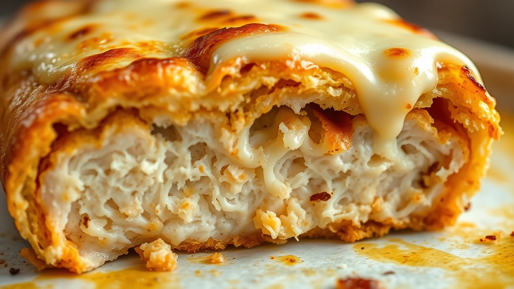 detail: close-up of baked chicken crust cross-section showing texture and layers, melted cheese on top, photorealistic, shallow depth of field, no text