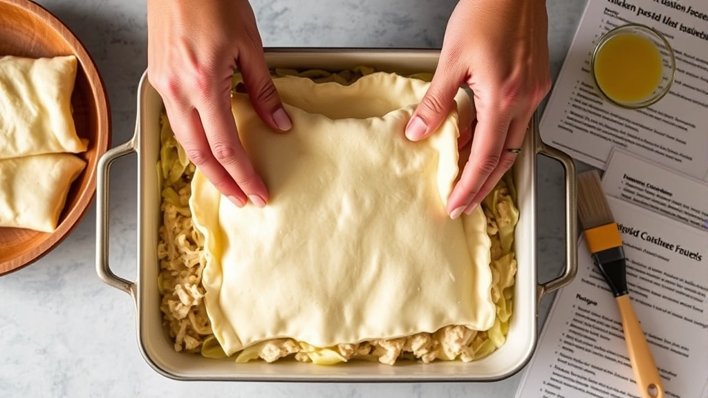 process: hands placing puff pastry over creamy chicken filling in baking dish, egg wash brush nearby, overhead shot, bright natural light, recipe cards visible