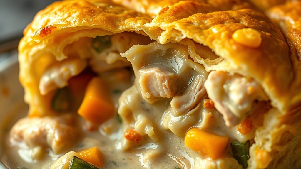 detail: close-up cross-section of chicken pot pie showing creamy filling with visible chicken pieces, carrots, and celery, crispy golden pastry on top, steam wisping, warm golden hour lighting