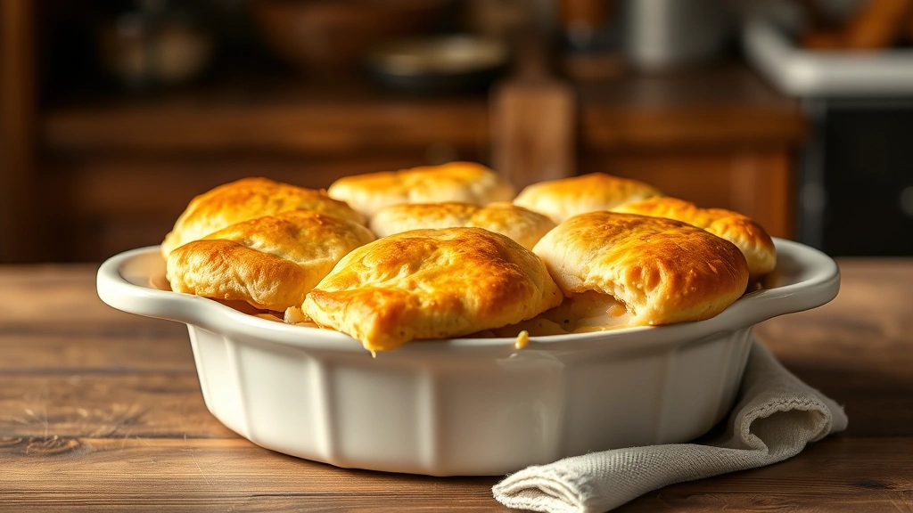 hero: golden biscuit-topped chicken pot pie in ceramic dish, steam rising, warm kitchen lighting, shallow depth of field, rustic wooden table surface