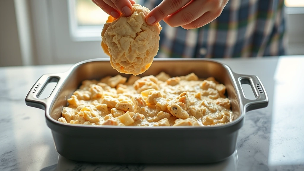 process: hands dropping biscuit dough onto creamy chicken filling in baking dish, bright natural window light, action shot, 45-degree angle
