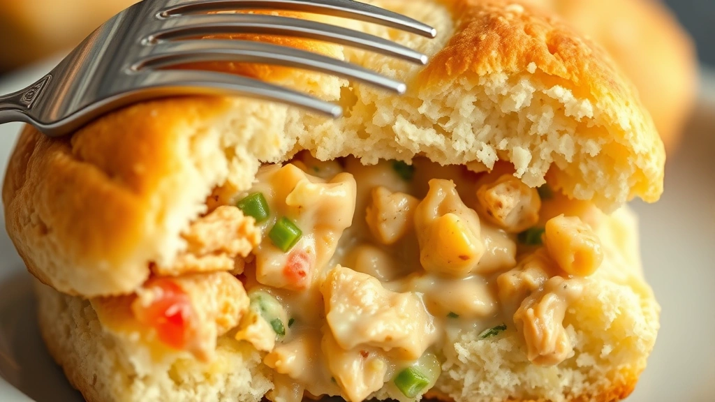 detail: close-up of split biscuit revealing fluffy interior with creamy chicken and vegetable filling underneath, golden-brown biscuit top, fork resting on edge, shallow focus
