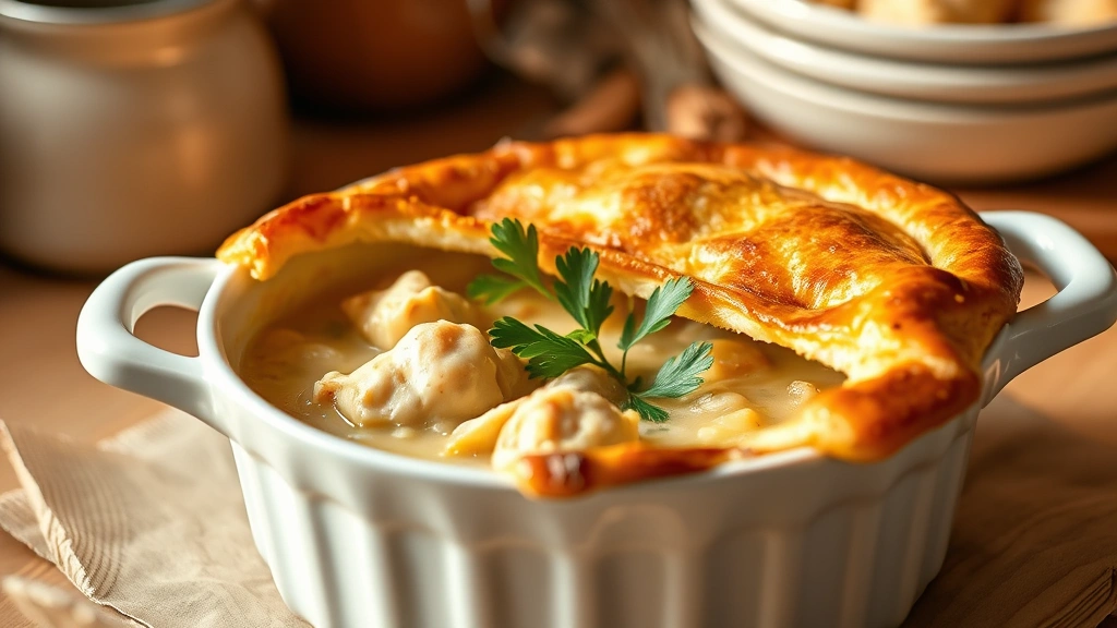 hero: golden-brown chicken pot pie in white ceramic dish, steam rising from slits in pastry crust, fresh parsley garnish, warm kitchen lighting, photorealistic, natural light, no text