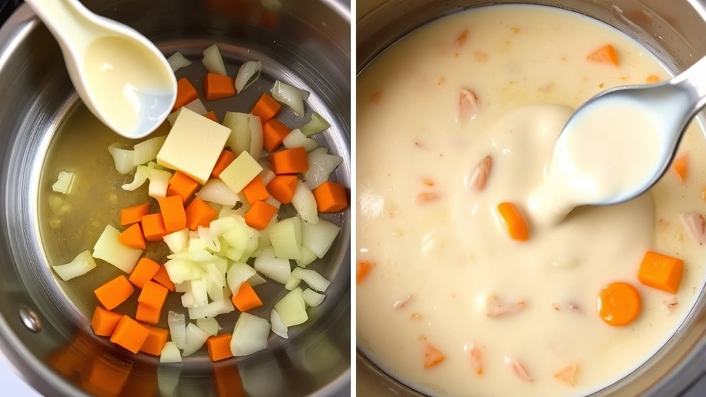 process: melting butter in pot with diced onions and carrots, cream of chicken soup being stirred in, vegetables glistening, photorealistic, natural light, no text