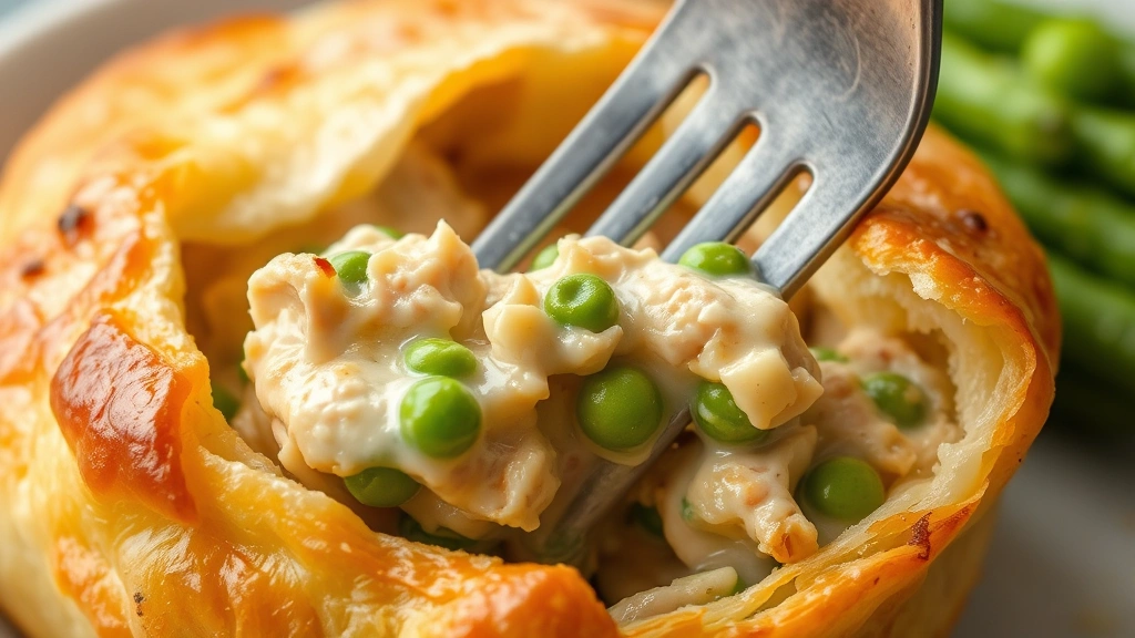 detail: close-up of fork breaking through golden pastry crust revealing creamy chicken filling with vegetables and peas, steam visible, photorealistic, natural light, no text