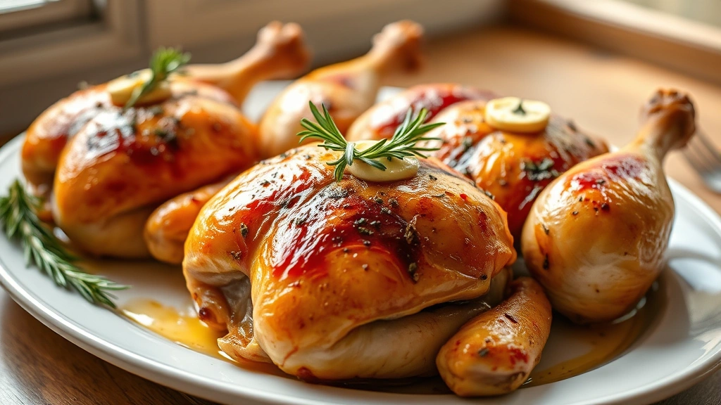 hero: Four perfectly golden-brown roasted chicken quarters with crispy skin glistening with herb butter, garnished with fresh rosemary and thyme sprigs, resting on white ceramic plate, warm natural window light from left, shallow depth of field, professional food photography, no text or watermark