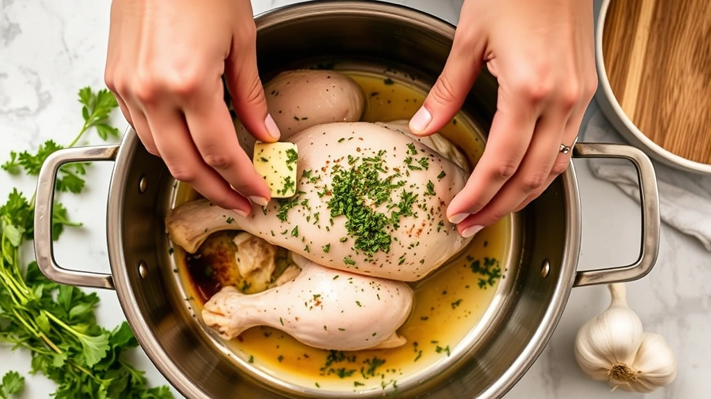 process: Hands spreading herb butter mixture under chicken skin in a stainless steel roasting pan, fresh herbs and garlic visible nearby, overhead angled shot, natural diffused daylight, professional kitchen setting, no text or watermark