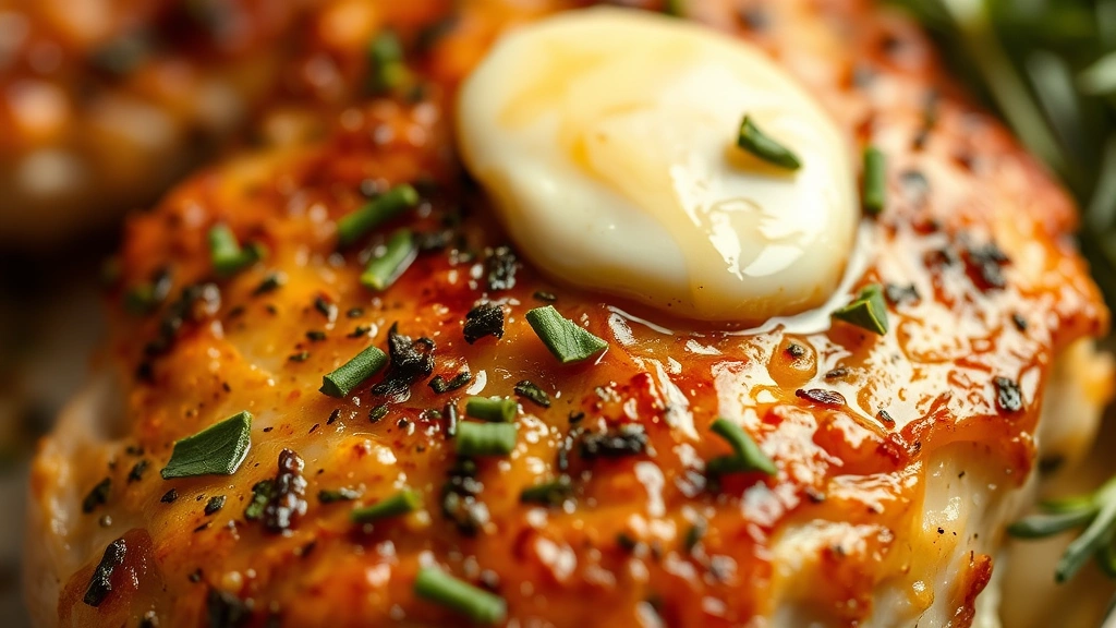 detail: Close-up macro shot of crispy golden chicken skin with herb butter glistening, fresh rosemary leaves scattered across surface, shallow depth of field, warm natural lighting highlighting texture, no text or watermark