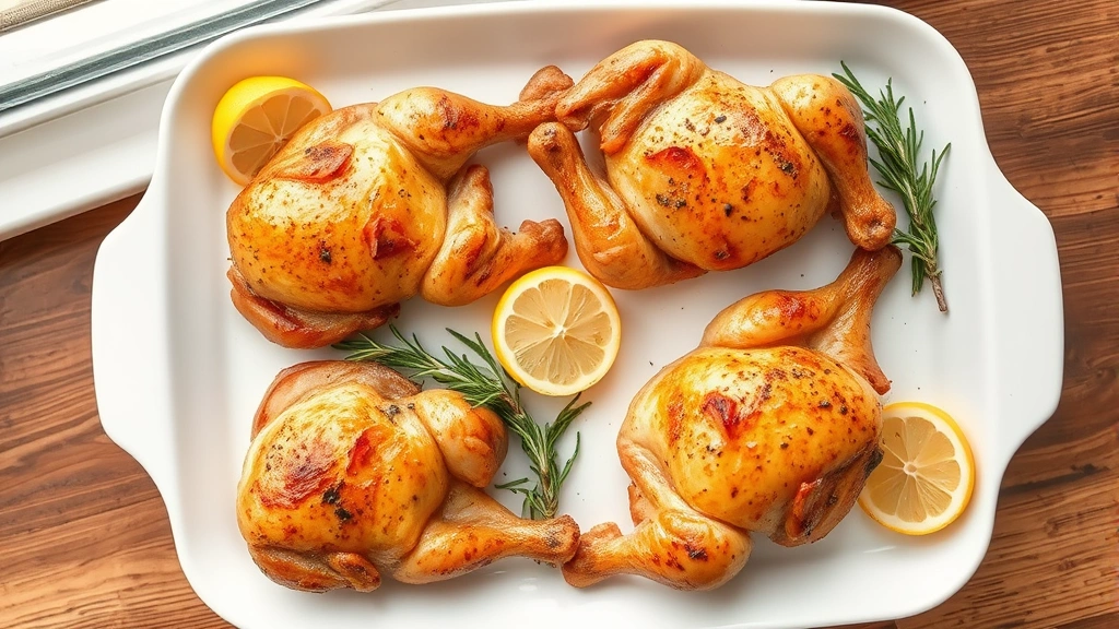 hero: four golden-brown roasted chicken quarters with crispy skin on a white serving platter, garnished with fresh lemon slices and rosemary sprigs, natural window light, overhead shot