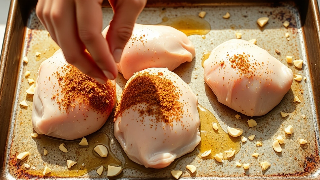 process: hands seasoning raw chicken quarters with spice mixture on a baking sheet, minced garlic scattered around, olive oil glistening, bright natural kitchen light