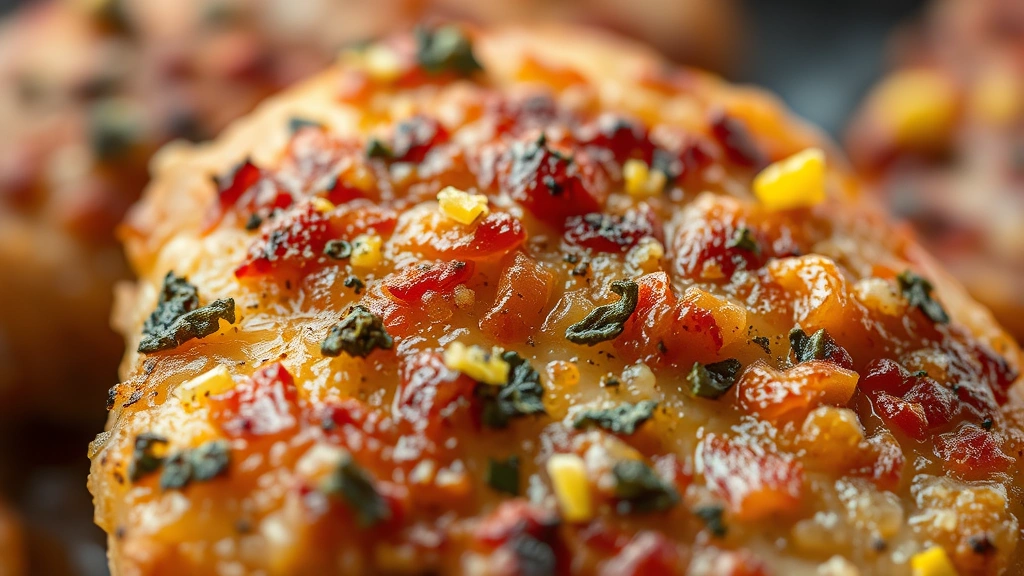 detail: close-up macro shot of crispy golden chicken skin with herbs and lemon zest, shallow depth of field, showing texture and crispiness detail