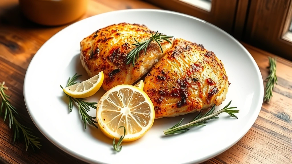 hero: Golden-seared chicken breast with fresh rosemary and lemon slices on white plate, Mediterranean herbs visible, warm natural window light, rustic wooden table background, no text