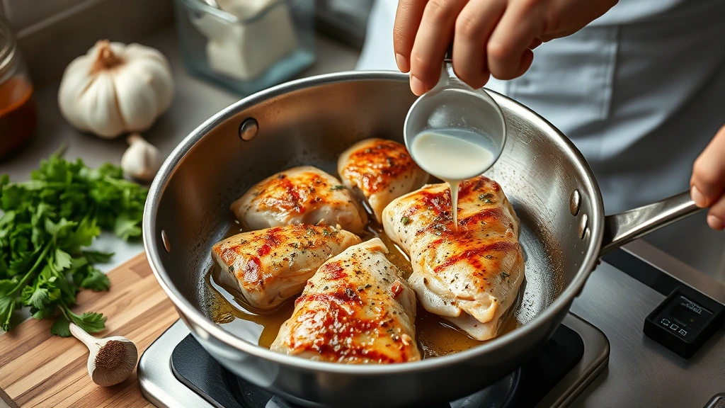 process: Chef searing chicken in stainless steel skillet with oil sizzling, garlic and fresh herbs nearby, natural kitchen lighting, action shot mid-cook, no text