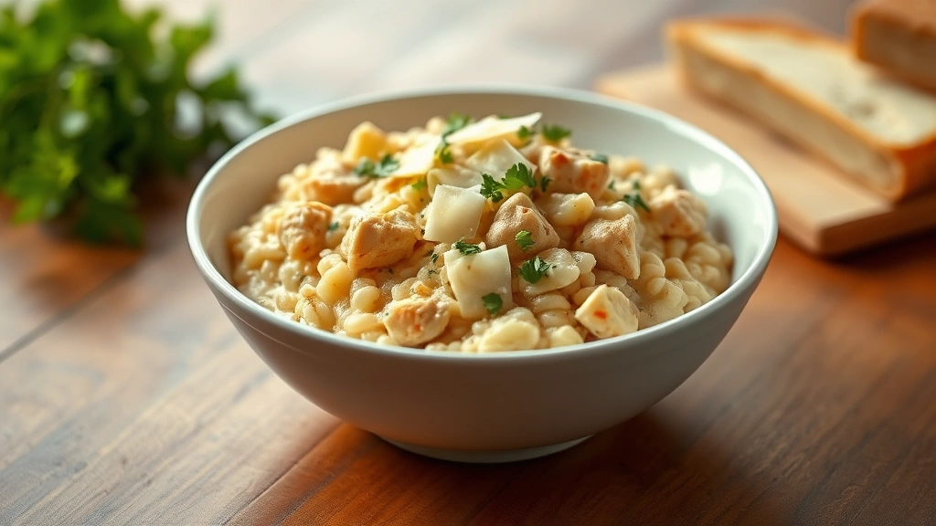 hero: creamy chicken risotto in a white bowl, garnished with fresh parmesan shavings and parsley, warm golden lighting, wooden table background, photorealistic, no text
