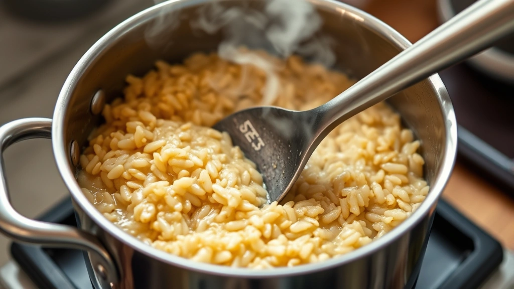 process: stirring risotto in a stainless steel pot with a wooden spoon, steam rising, golden rice visible, natural kitchen lighting, photorealistic, no text