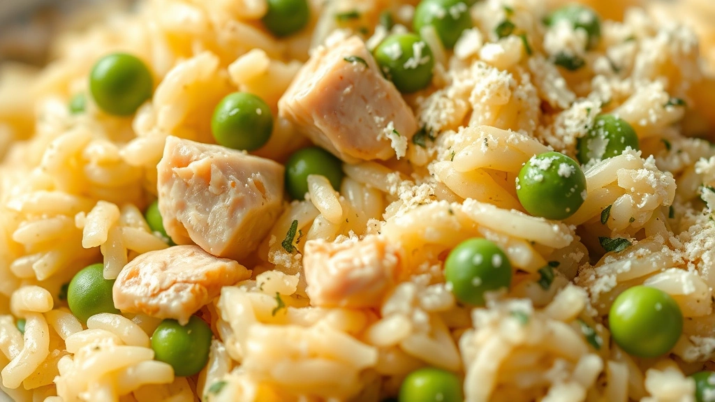 detail: close-up of creamy risotto texture with visible chicken pieces and peas, sprinkled with fresh grated parmesan and herbs, shallow depth of field, photorealistic, no text