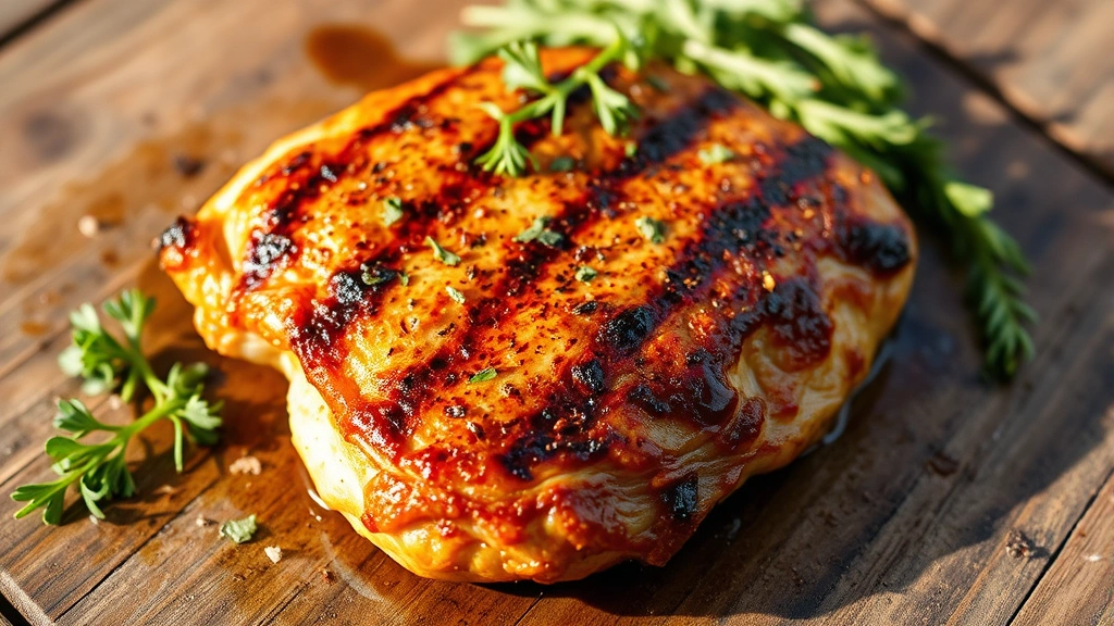 hero: perfectly grilled chicken breast with golden caramelized crust from rub, juicy interior, herb garnish, natural daylight, rustic wooden table