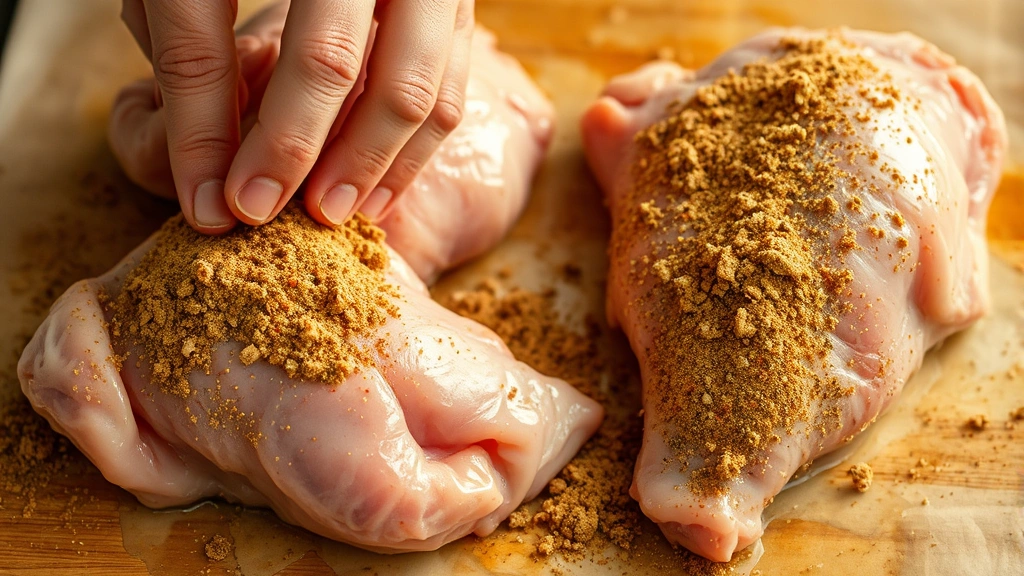 process: hands rubbing dry spice mixture onto raw chicken thighs, seasoning being worked into skin, close action shot, natural kitchen lighting