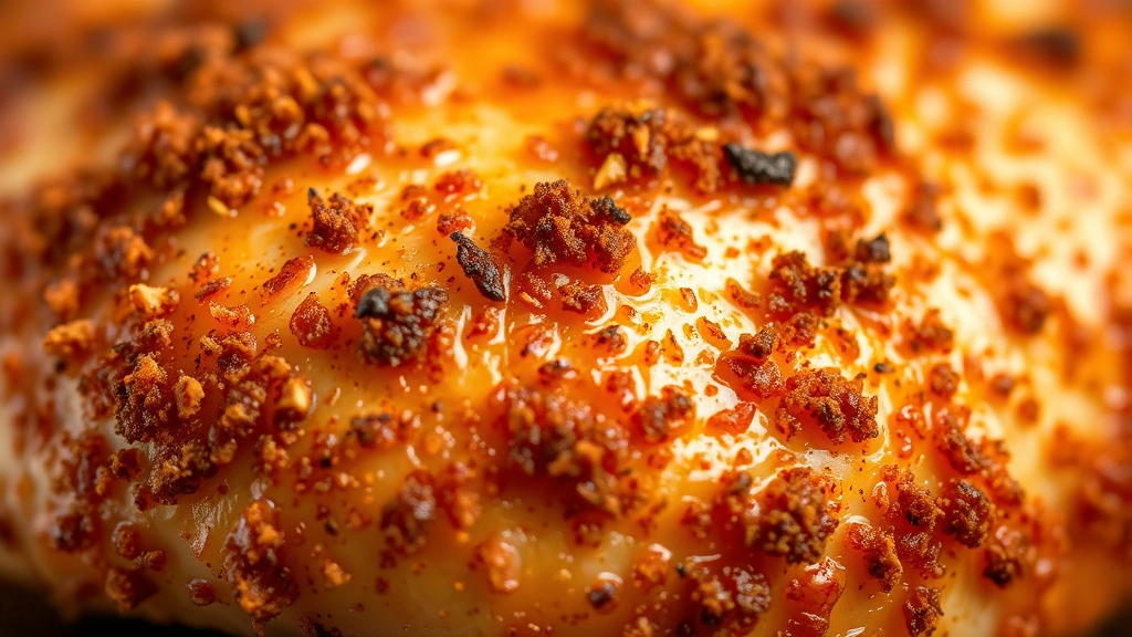 detail: extreme close-up of caramelized chicken rub crust showing spice texture, golden brown color, crispy exterior, macro photography, shallow depth of field