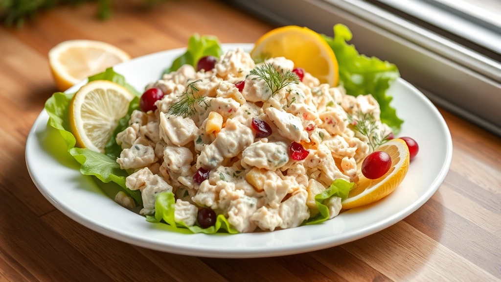 hero: Creamy chicken salad served on a white plate with fresh lettuce leaves and lemon wedges, garnished with fresh dill and cranberries, soft natural window light, no text