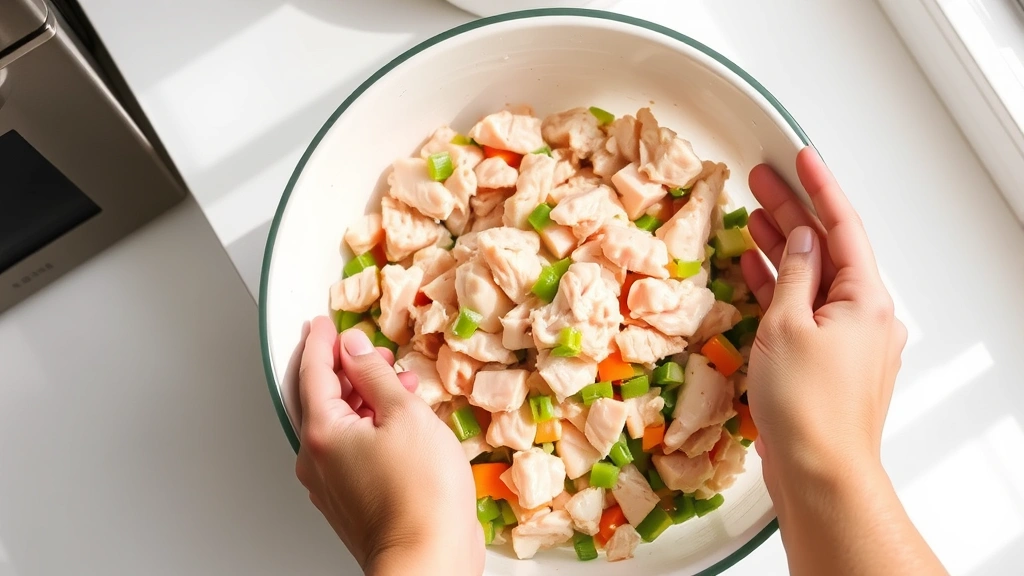 process: Hands mixing flaked canned chicken with vegetables in a large bowl, bright kitchen counter, natural daylight, no text