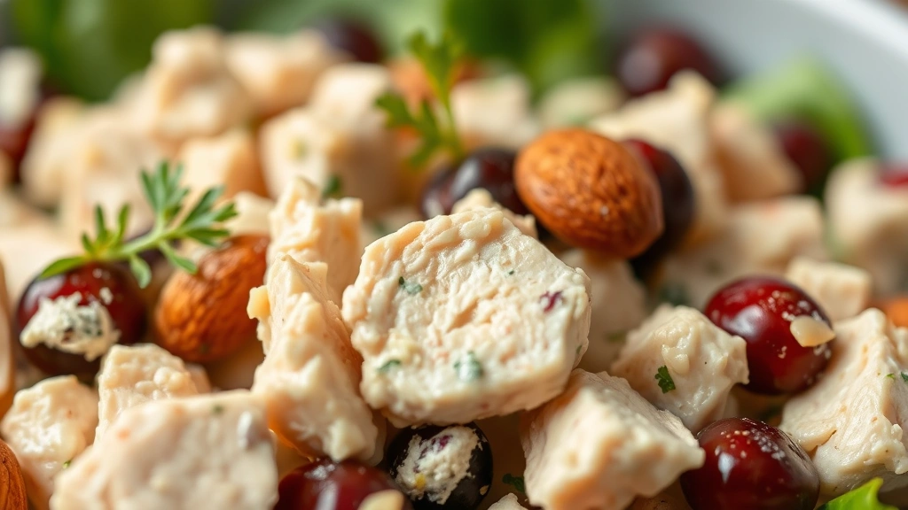 detail: Close-up of chicken salad showing texture with cranberries and almonds, shallow depth of field, fresh herbs visible, natural light, no text
