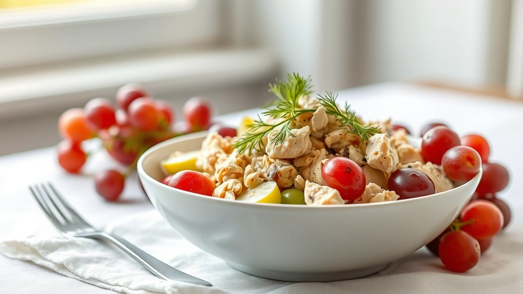 hero: elegant chicken salad with red and green grapes in a white ceramic bowl, fresh dill garnish on top, served on white linen tablecloth, natural window light, professional food photography style