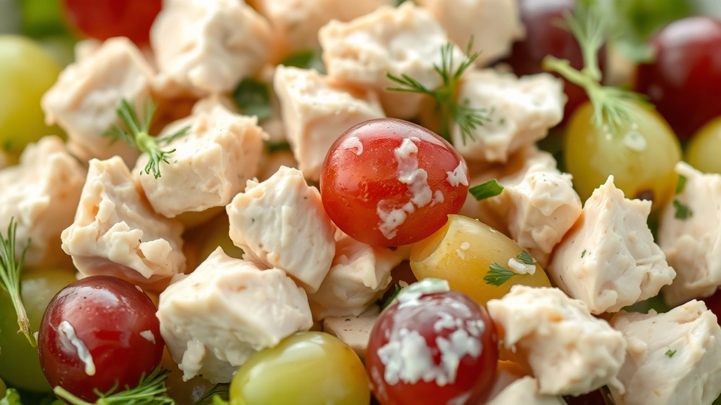 detail: close-up of chicken salad showing chunks of white chicken, halved red grapes, green grapes, fresh dill pieces, creamy dressing, shallow depth of field, appetizing texture detail