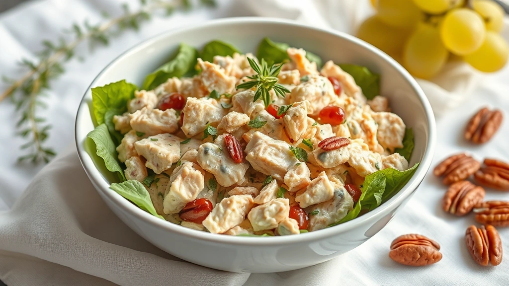 hero: creamy rotisserie chicken salad in white bowl with fresh tarragon garnish, grapes and pecans visible, served on white linen tablecloth, natural window light, no text