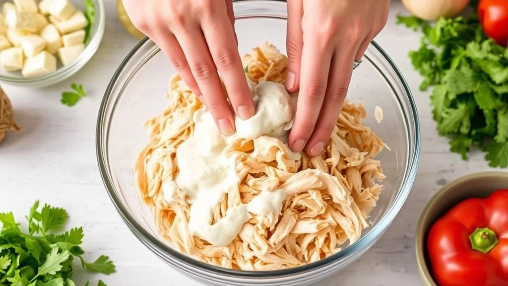 process: hands gently folding shredded rotisserie chicken with creamy dressing in glass bowl, fresh ingredients surrounding bowl, natural kitchen lighting, no text