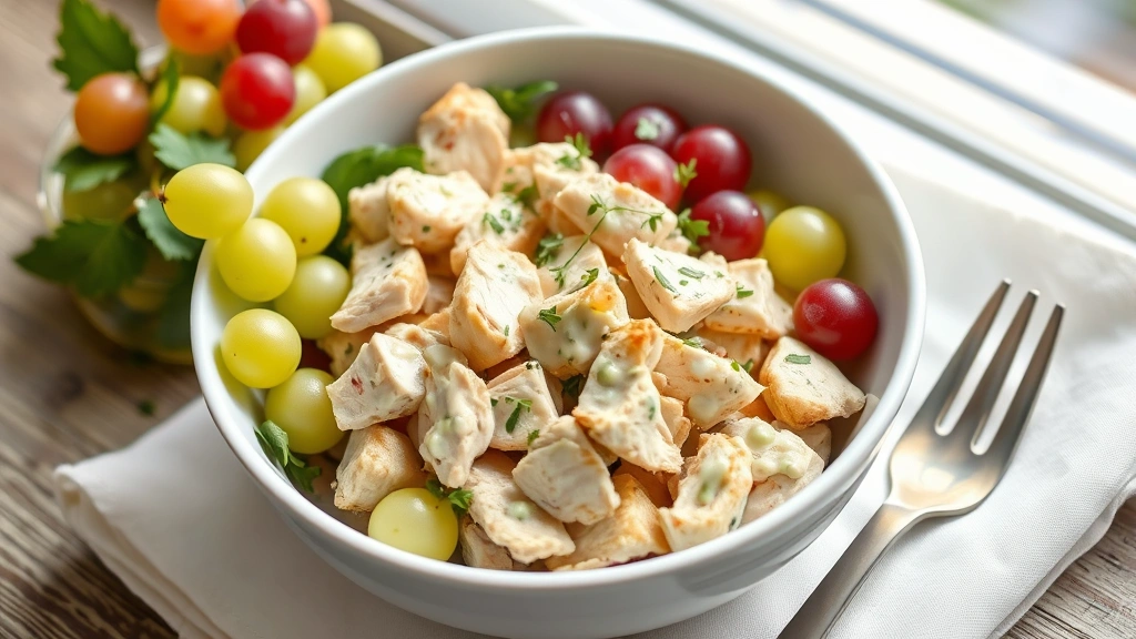 hero: beautiful chicken salad with grapes served in a white bowl, fresh green and red grapes visible, creamy dressing coating chicken pieces, garnished with fresh tarragon, natural window light, white linen napkin beside bowl, preppy styling