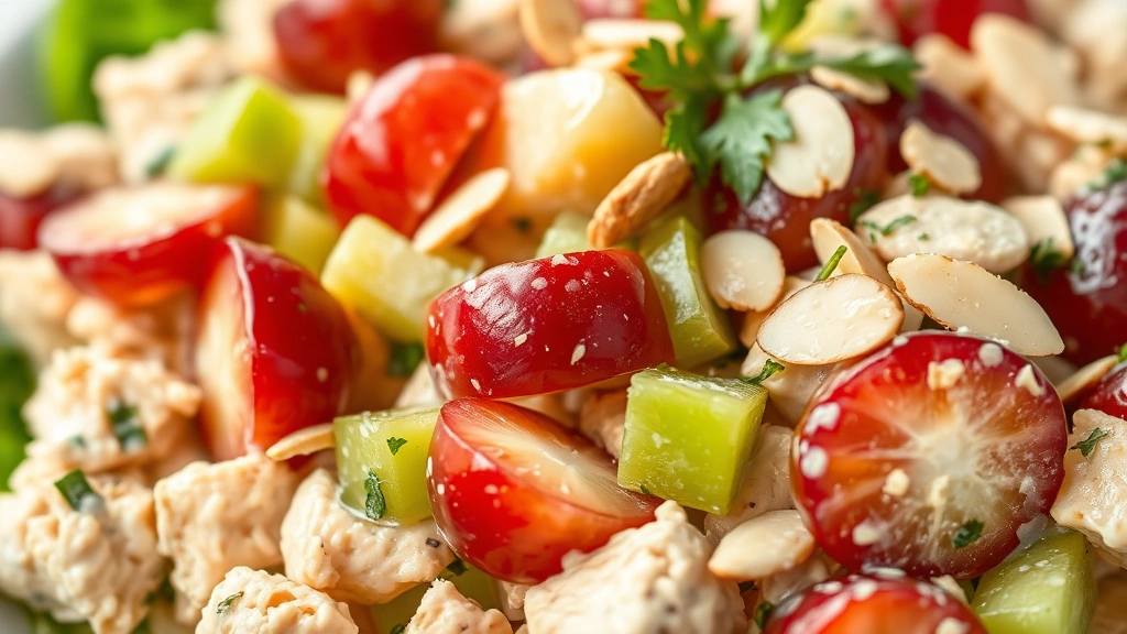 detail: close-up of chicken salad with halved red and green grapes glistening, crisp celery pieces, creamy dressing coating, garnished with sliced almonds and fresh herbs, shallow depth of field