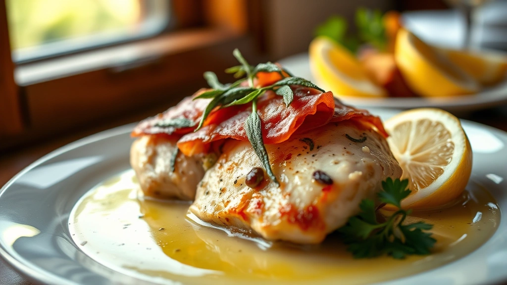 hero: plate of chicken saltimbocca with prosciutto and sage on top, golden-brown chicken, silky white wine sauce pooling around it, fresh lemon wedges and parsley garnish, fine dining plating, natural window light, shallow depth of field, warm inviting lighting