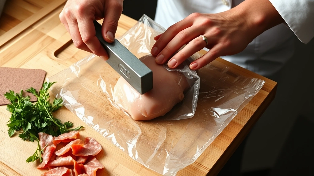 process: hands using meat mallet to pound thin chicken breast between plastic wrap, herbs and prosciutto visible on work surface, wooden cutting board, chef's hands in action, natural daylight, kitchen counter setting, professional technique demonstration