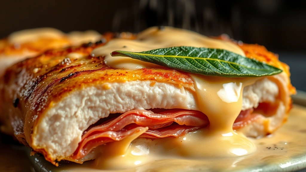 detail: close-up cross-section of cooked saltimbocca showing layers of golden chicken, crispy prosciutto edge, fresh sage leaf, creamy sauce dripping, macro photography, steam rising, dramatic lighting highlighting texture and layers, appetizing food photography