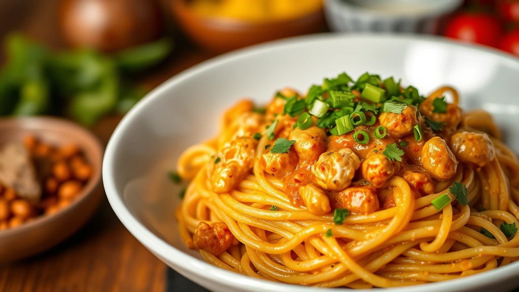 hero: creamy chicken spaghetti with rotel sauce in white bowl, garnished with cilantro and green onions, warm lighting, shallow depth of field, professional food photography