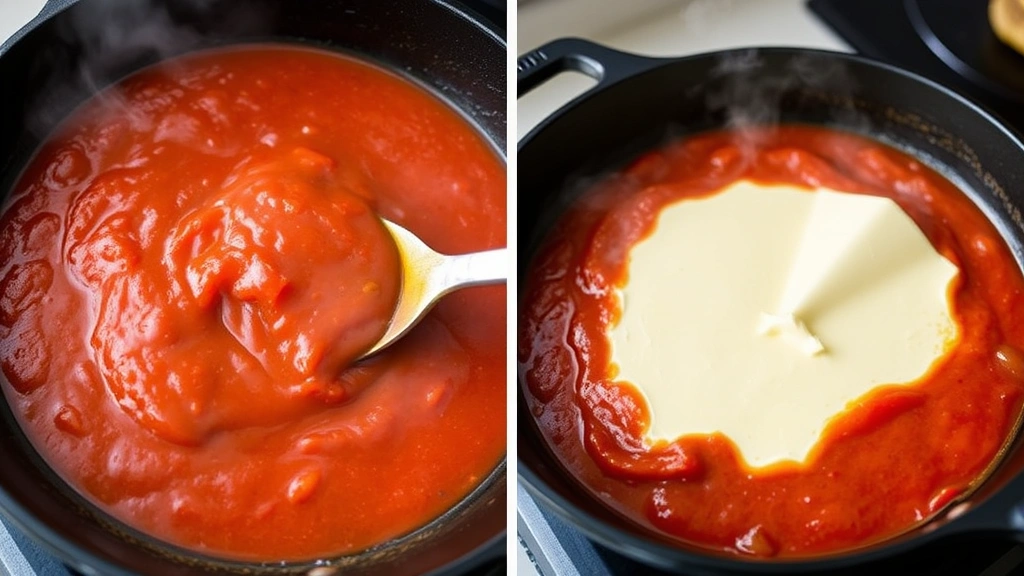 process: melting cream cheese into red Rotel tomato sauce in cast iron skillet, steam rising, natural kitchen light, close-up angle