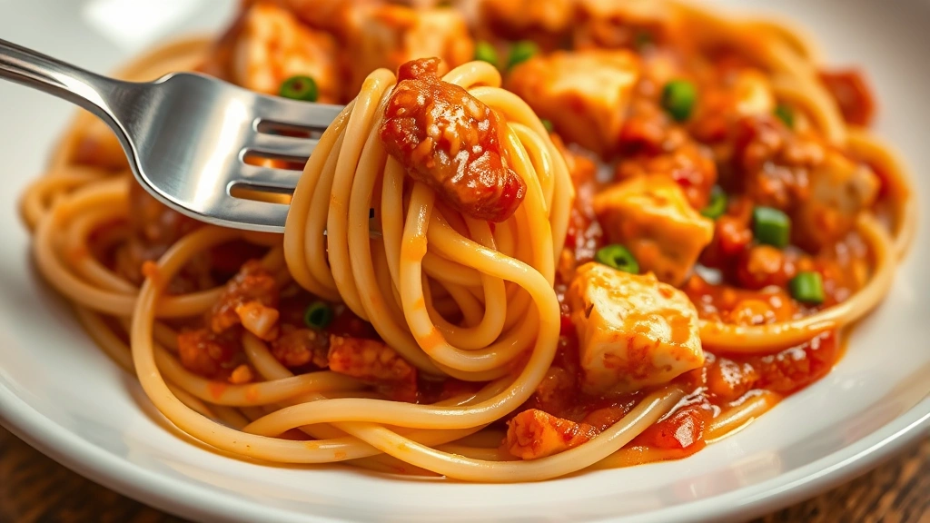 detail: close-up of spaghetti coated in creamy red sauce with chunks of chicken and diced chilies, fork twirling pasta, professional macro photography, warm ambient lighting