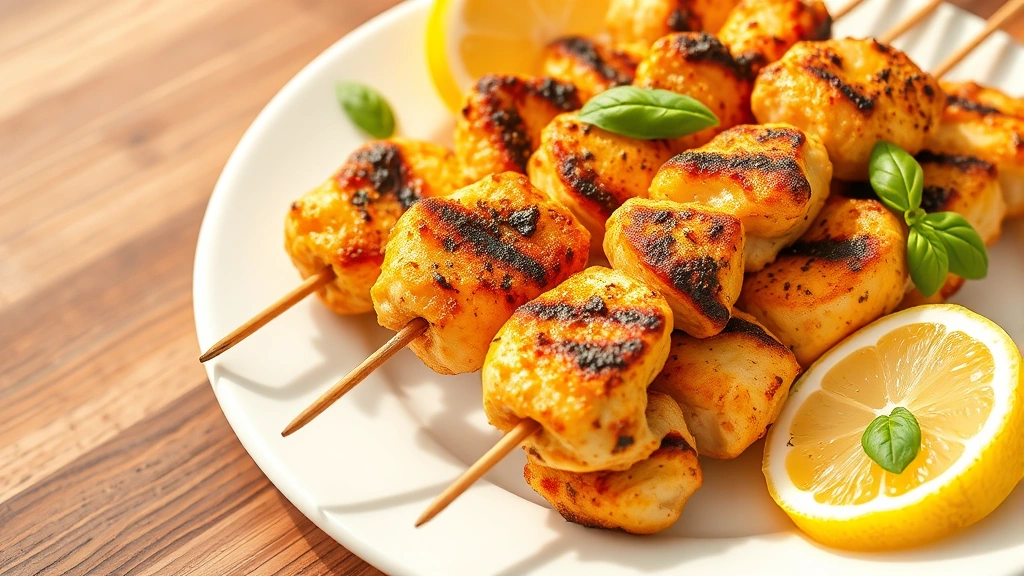 hero: golden-brown chicken spiedini skewers on a white plate with fresh lemon wedges and basil garnish, photorealistic, natural sunlight streaming from left, no text