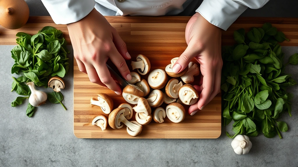 process: chef's hands slicing fresh mushrooms over a cutting board next to fresh spinach and garlic cloves, photorealistic, natural kitchen light, no text, overhead shot
