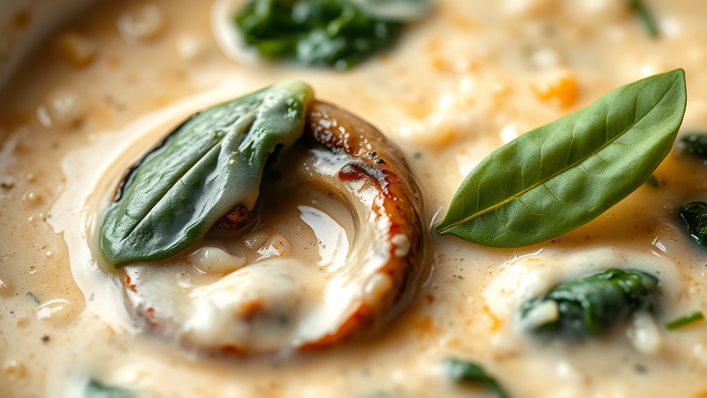 detail: close-up of creamy sauce with mushroom slice, fresh spinach leaf, and melted cheese, photorealistic, natural light highlighting the sauce texture, no text, macro photography