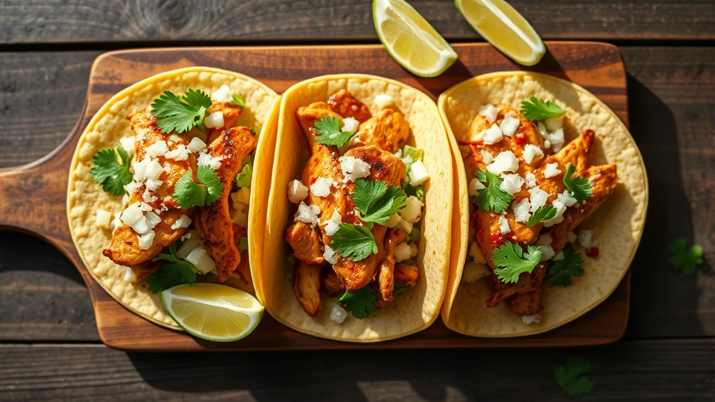 hero: Overhead flat lay of three authentic Mexican street tacos with grilled chicken strips, diced white onion, fresh cilantro, lime wedges, on a rustic wooden board, warm natural sunlight, shallow depth of field, appetizing professional food photography