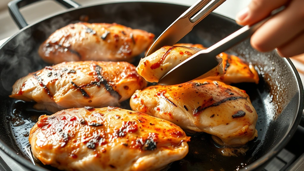 process: Sizzling chicken breasts cooking on a hot cast-iron skillet with charred edges, marinade glistening, steam rising, hand flipping chicken with tongs, bright natural kitchen light, close action shot