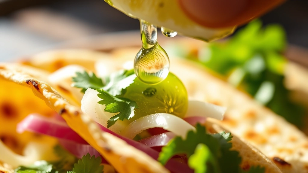 detail: Close-up macro shot of a single taco being squeezed with fresh lime wedge, cilantro and onion visible, drops of lime juice suspended mid-air, golden charred tortilla texture visible, natural sunlight illuminating the scene