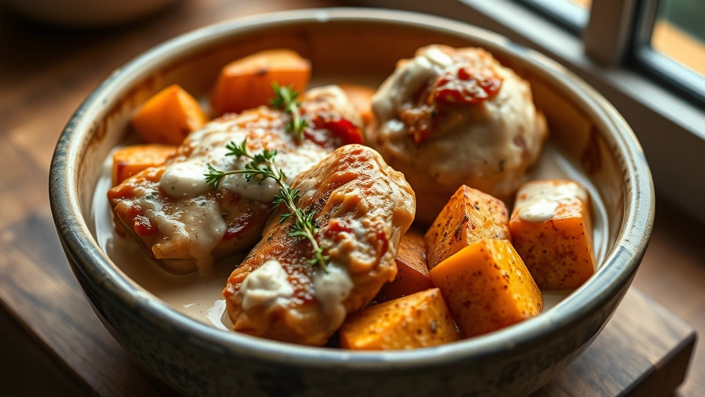 hero: finished chicken sweet potato dish with creamy sauce in rustic bowl, golden-brown chicken thighs, caramelized sweet potato cubes, fresh thyme garnish, warm natural window light, shallow depth of field, inviting and appetizing, photorealistic